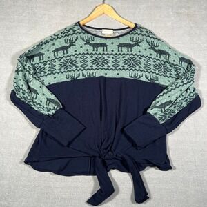 Raw Edge  Tie Front Fair Isle Reindeer Top Womens Small Navy Blue Green
